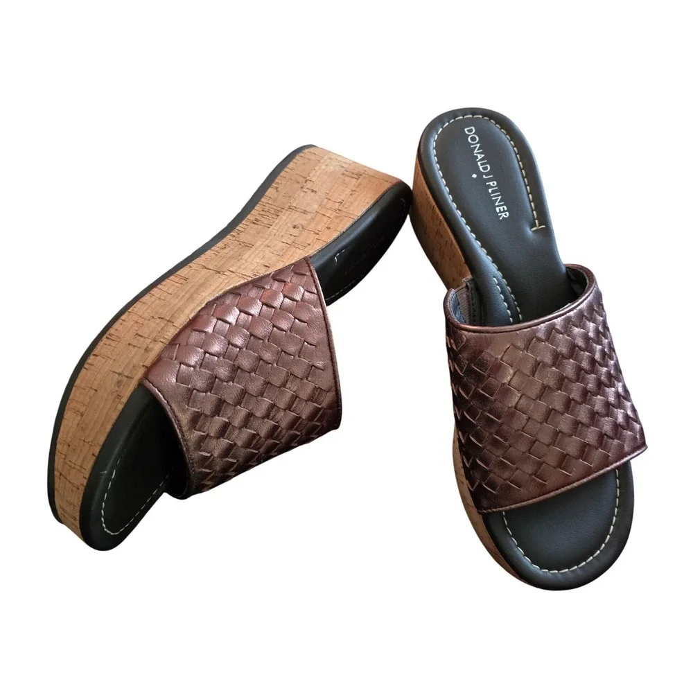 Donald J Pliner‎ Womens Bronze Metallic Woven Leather Cork Wedge Sandals sz8